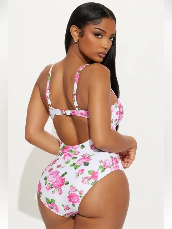 Fashion Nova White Floral One-Piece Swimsuit with Pink Roses SOLD OUT on FN! - Picture 2 of 5